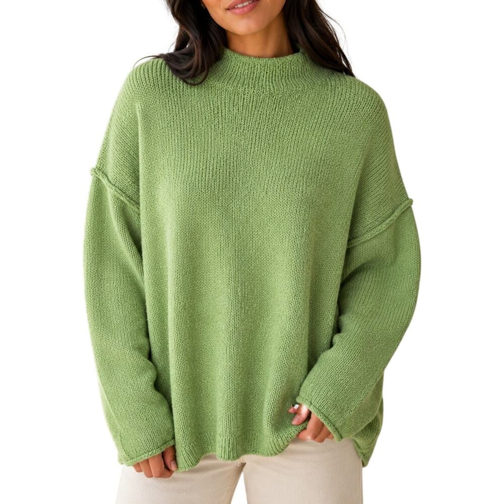 Pink Lily Green Chunky Knit Mock Neck Sweater XS Cozy Girl